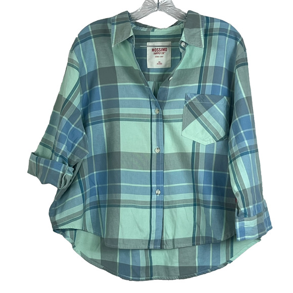 Mossimo Shirt Women's Size XXL Turquoise Blue Plaid Button Front Crop Top - Picture 1 of 7
